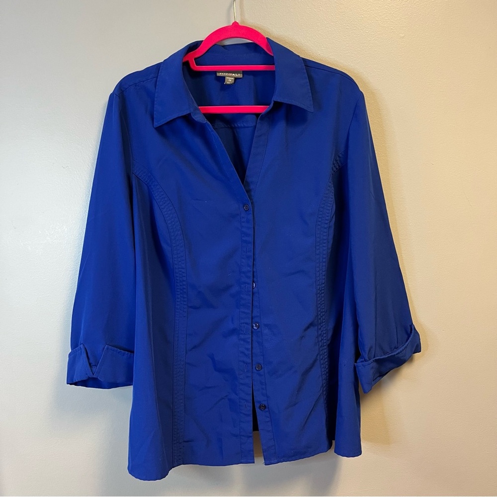 Roz & Ali Button Down Shirt Blue-Purple Collared Top w/  3/4 Sleeve Sz 2X GUC